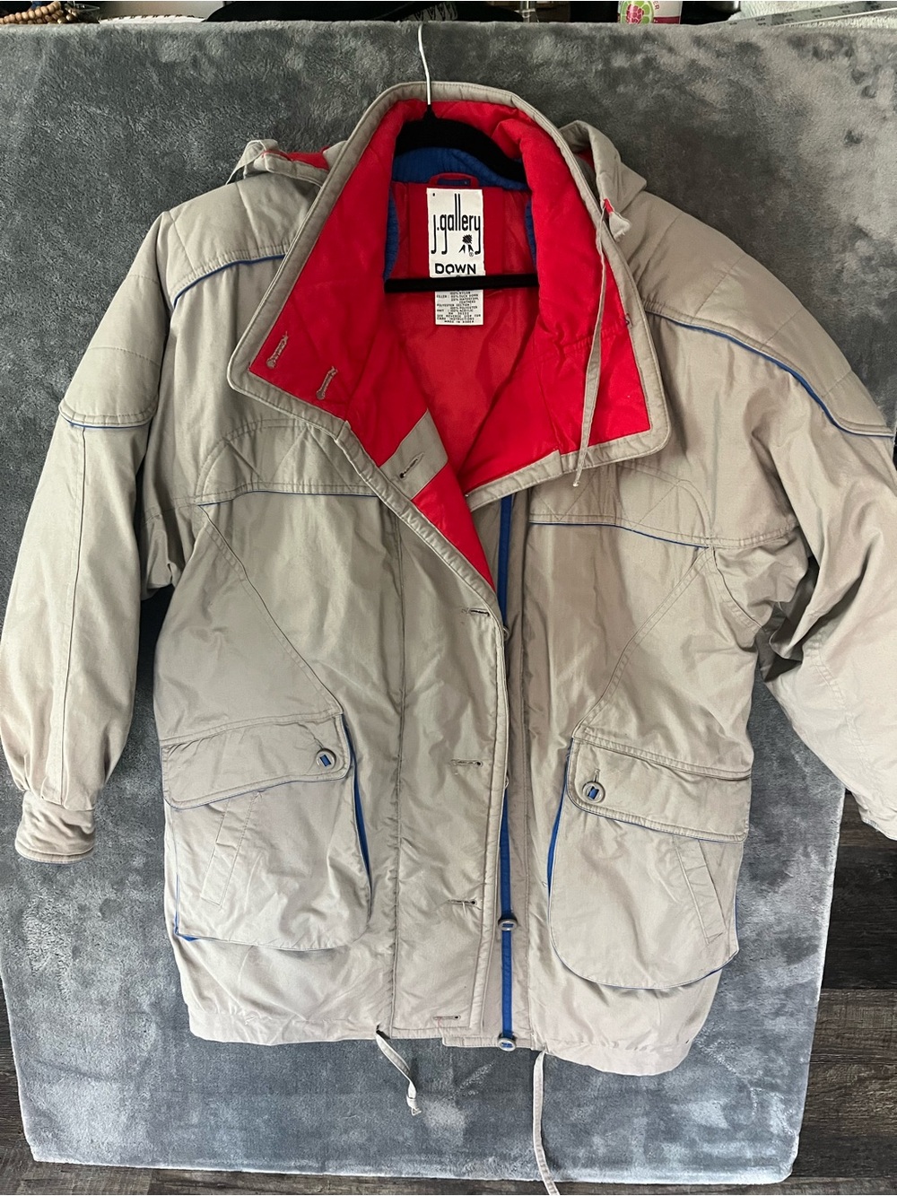 J Gallery Men’s Hooded Puffer Jacket - Tan with Red Lining